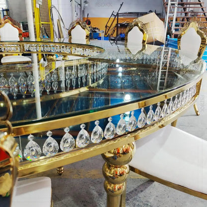 FSDKX Luxury S Shape Table for Wedding Glass Stainless Steel Circle Serpentine Table Wedding Crystals Hotel Banquet Dining Table