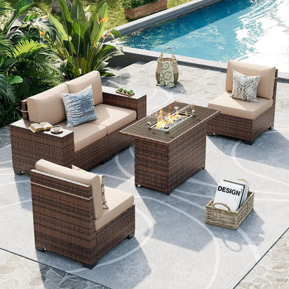8 Inch Armrest Outdoor Sectional Sofa, 6 Piece Wicker Outdoor Furniture Conversation Sets with Waterproof Cover