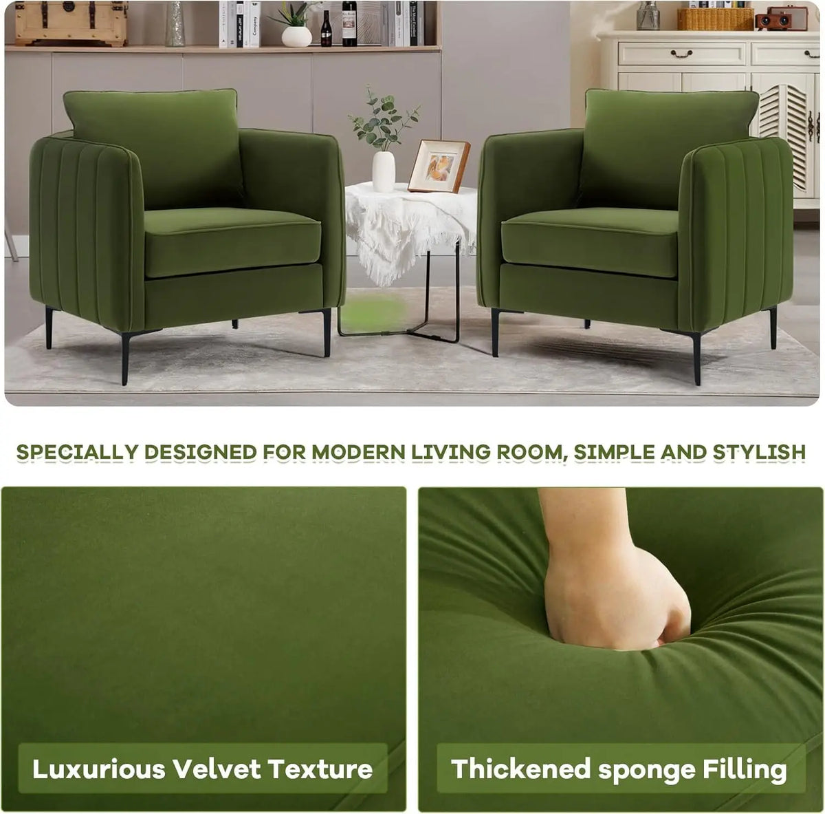 Modern Upholstered Sofa Chair, Velvet Accent Chairs Set of 2, Comfy Armchair with Thick Cushion & Metal Legs, Customized