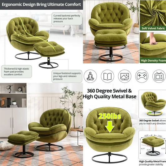 Velvet Swivel Accent Chair with Ottoman Set, Modern Lounge Chair with Metal Base Frame & Footrest, Comfy Single Leisure Sofa Cha