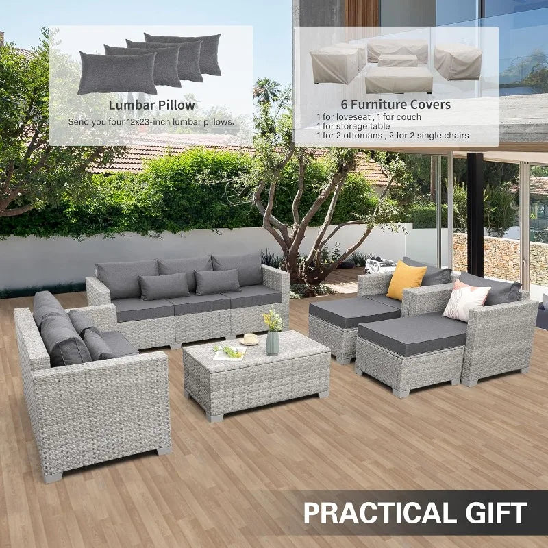 Patio Furniture Set Gray Rattan 7 Pieces Outdoor Sectional Sofa PE Wicker Conversation Chairs with Storage Table and Non-