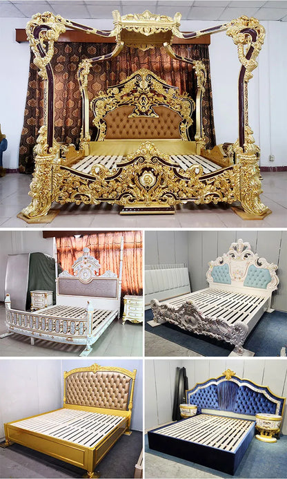 French Royal Baroque Dining Set — Hand-Carved Solid Wood Table with Upholstered Chairs, Luxury Gold for Villa/Hotel
