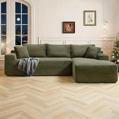 Modern 108 L-Shape Sectional Sofa, Deep Seated Cloud Couch, Corduroy Fabric, Black, Right Chaise, Living Room Furniture, No Asse
