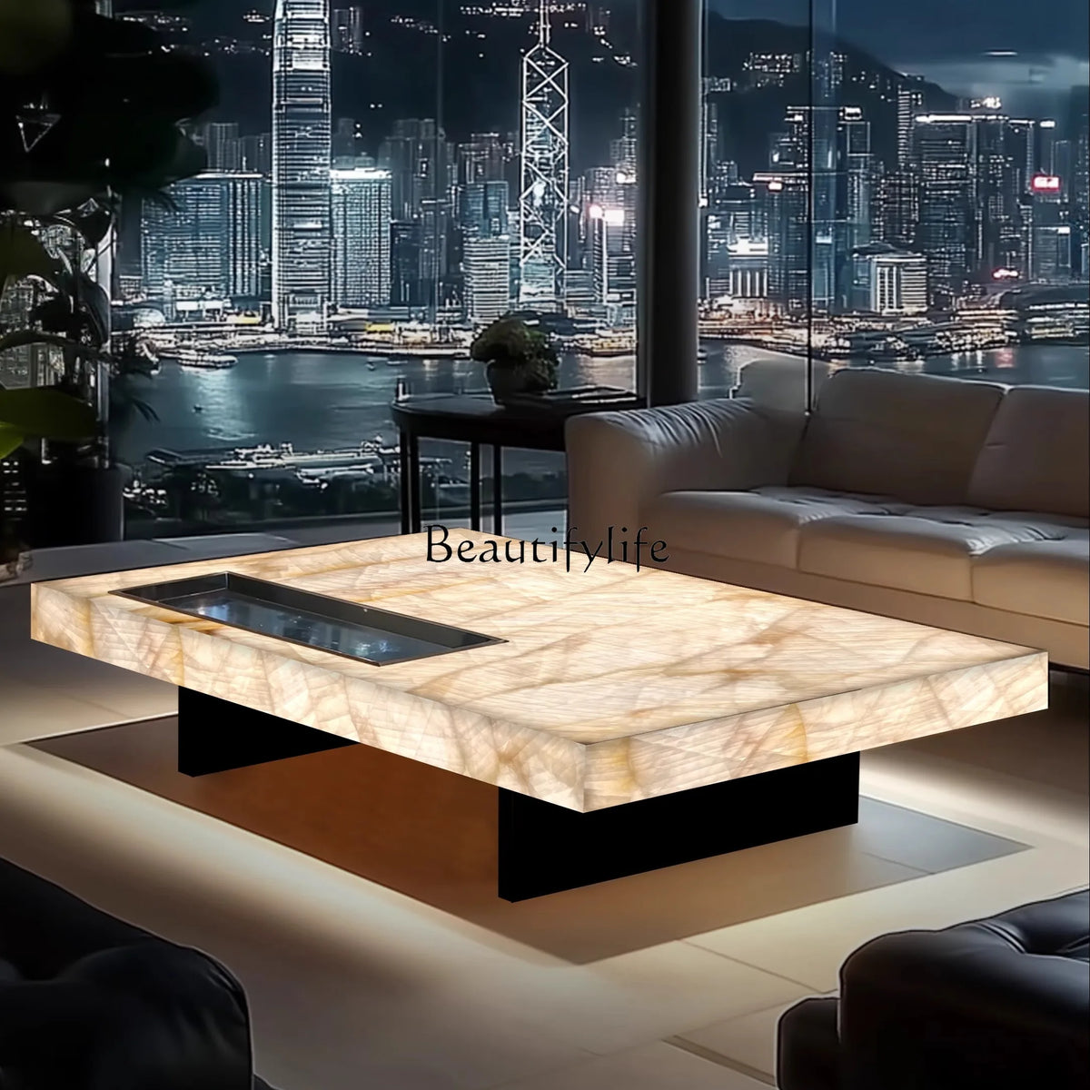 **Rectangle living room coffee table luminous jade luxury stone villa marble natural high-grade light luxury minimalist mansion