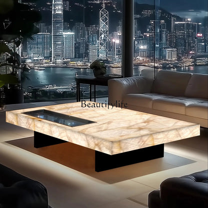 **Rectangle living room coffee table luminous jade luxury stone villa marble natural high-grade light luxury minimalist mansion