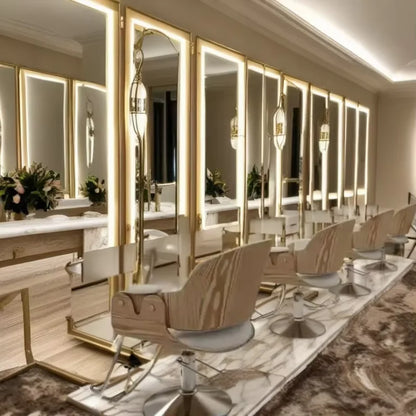 Luxury Gold Frame Barber Station LED Big Best Selling Table Cabinet Salon Mirror with Chair