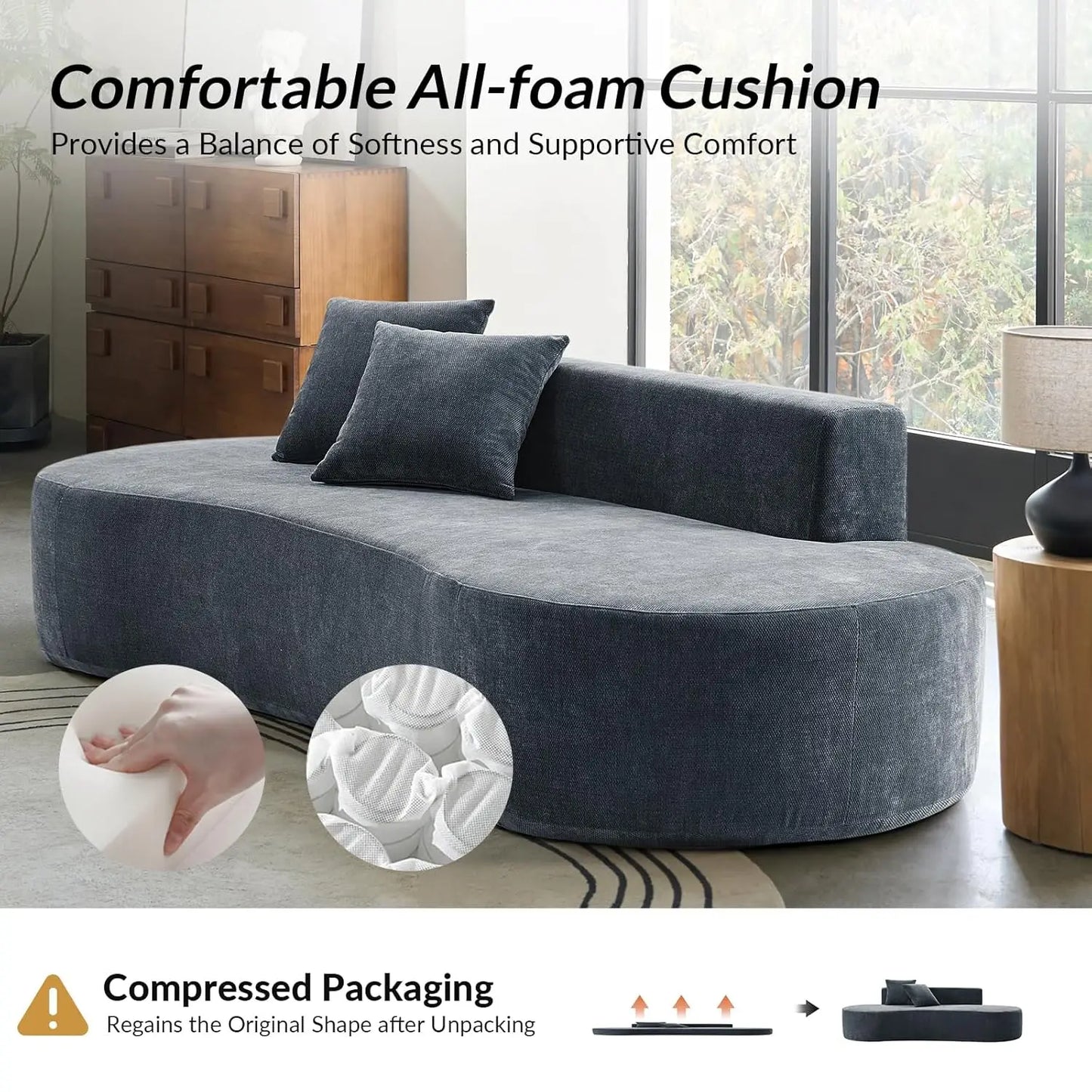 94.5" Boneless Sofa with 2 Pillows, 3 Seater Compressed Foam Sofa with Half Moon Design & Deep Seat, No Assembly, Customized