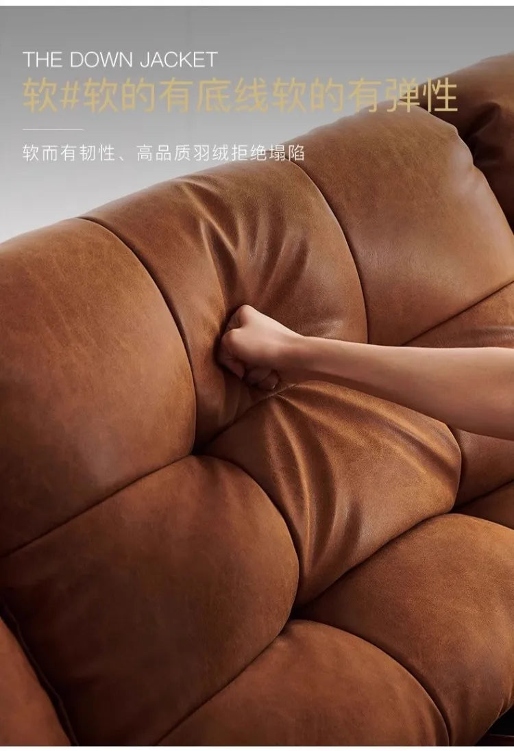 Retro oil wax leather sofa, small apartment living room straight row sofa, large sitting depth movable backrest medium ancient