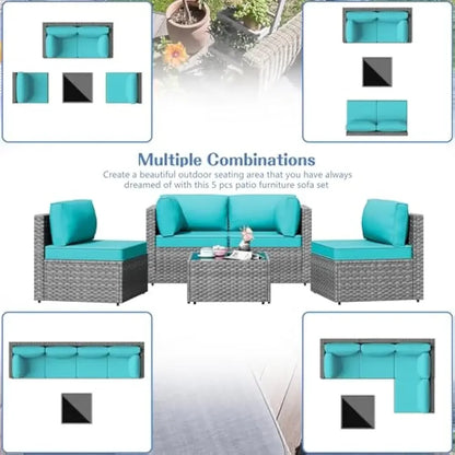 5 Pieces Outdoor Patio Sectional Sofa Couch, PE Wicker Furniture Conversation Sets with Washable Cushions & Glass Coffee Table