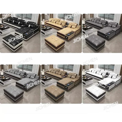 HS Luxury Italian Genuine Leather Sectional Sofa Set With Bluetooth Speaker And USB Ports Cow Leather Divano Living Room Furnitu