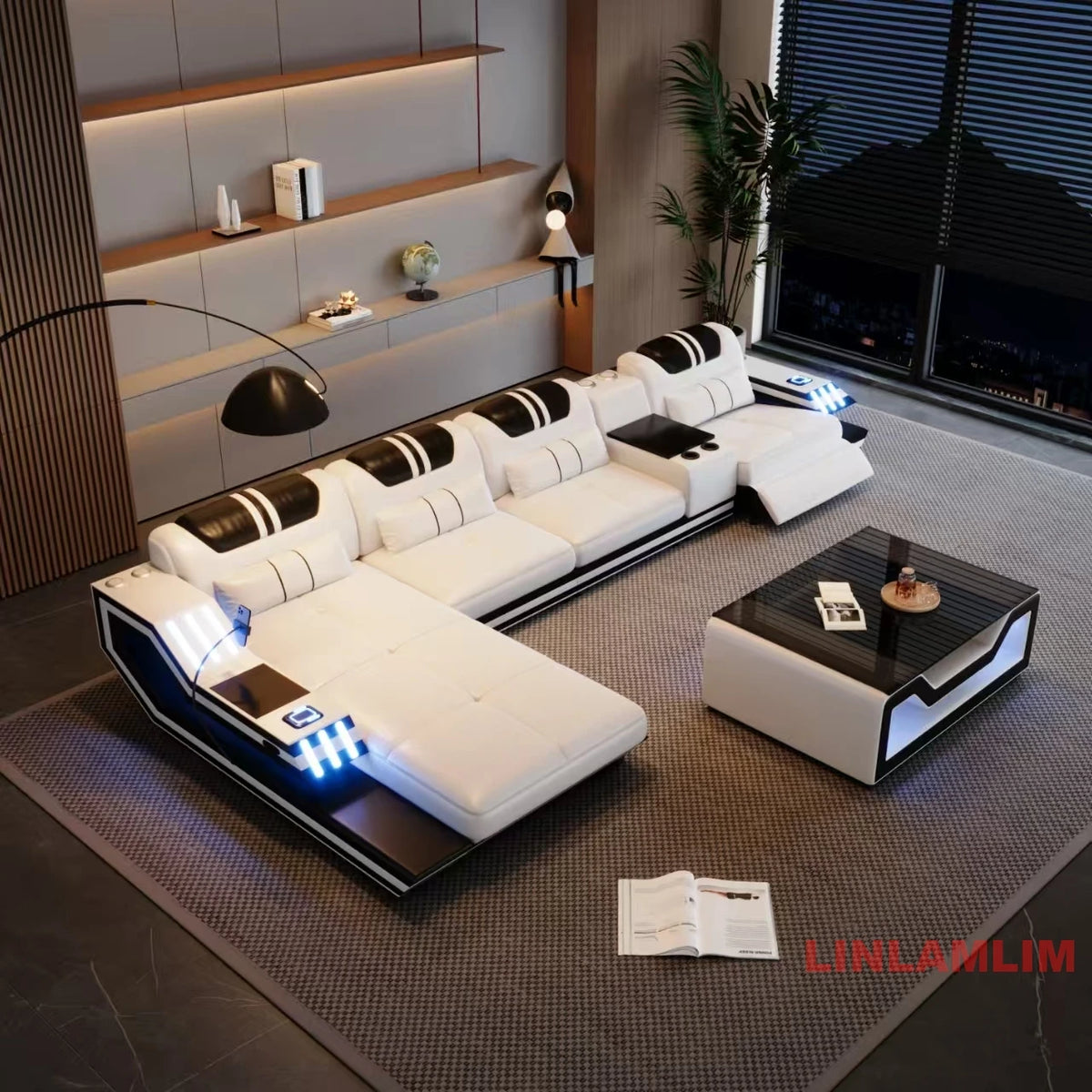 Convertible Genuine Leather Sectional Sofa Bed with Adjustable Headrests, Electric Recliners, Storage, Speakers, USB & LED Light