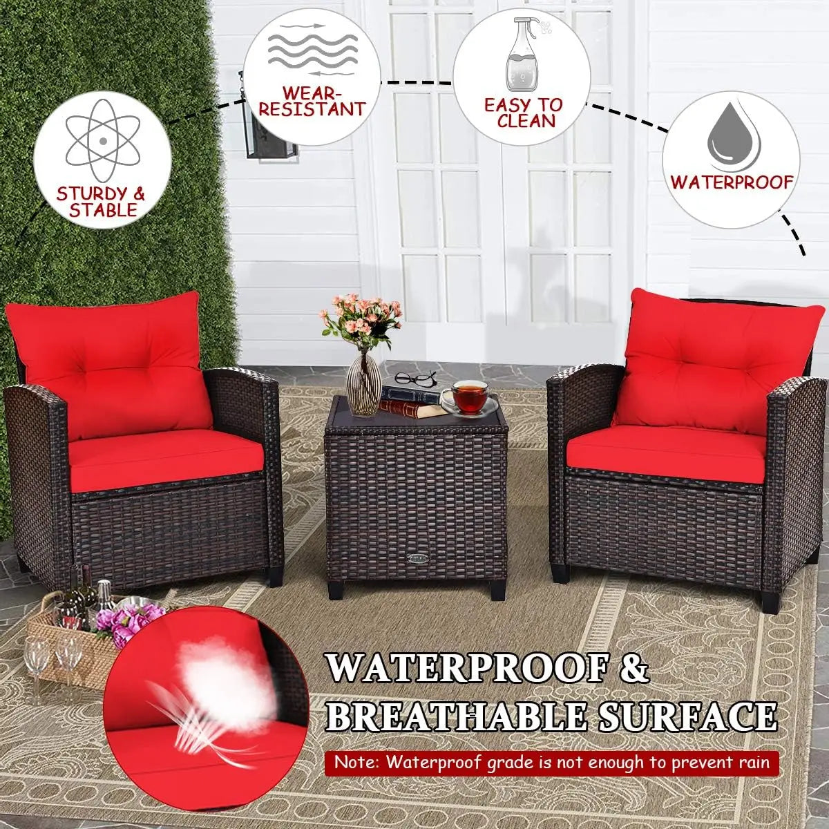 NEW-3 Pieces Patio Furniture Set, PE Rattan Wicker 3 Pcs Outdoor Sofa Set w/Washable Cushion and Tempered Glass Tabletop, (Red)