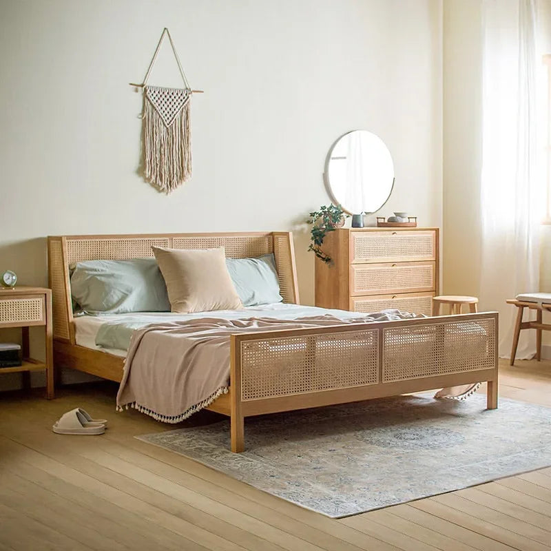 Vine Weaving Bed Japanese Solid Wood Bed Small Family Homestay White Wax Wood Main Bedding 1.51.8m Household Simple Vine Art Bed