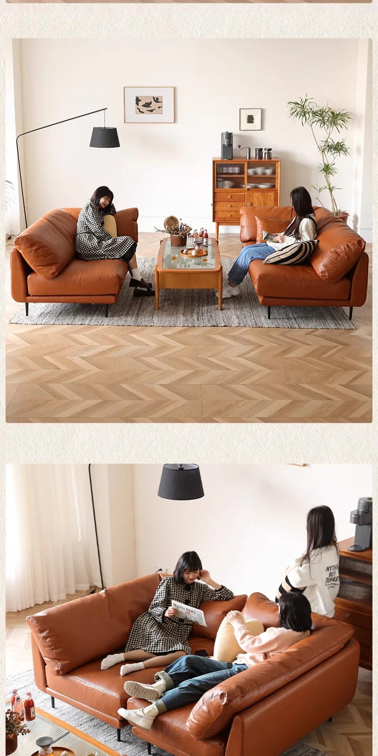 Retro oil wax leather sofa down large living room Nordic simple medium and ancient style straight row leather art sofa