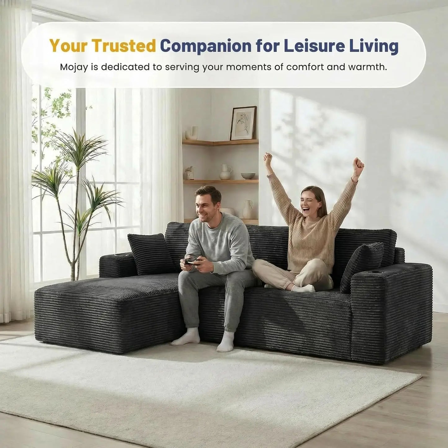 105" L Shaped Sectional Couch, Cloud Modular Boneless Sofa with 2 Cup Holders, Oversized Corduroy Floor Sofa with, Custom