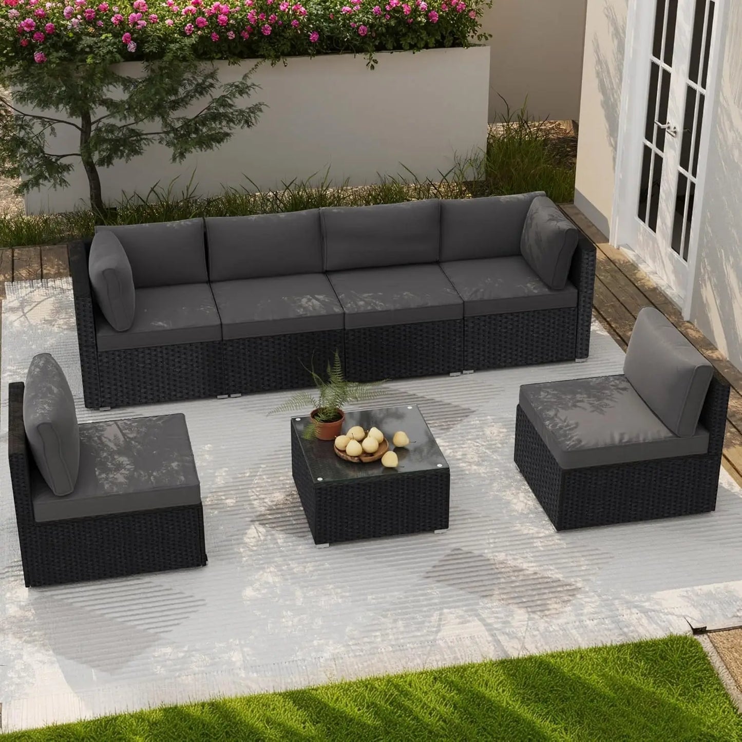7-Piece Outdoor Patio Furniture Set, Outdoor Couch - Handwoven All-Weather Rattan & 4” Thick Waterproof Cushions,, Customized