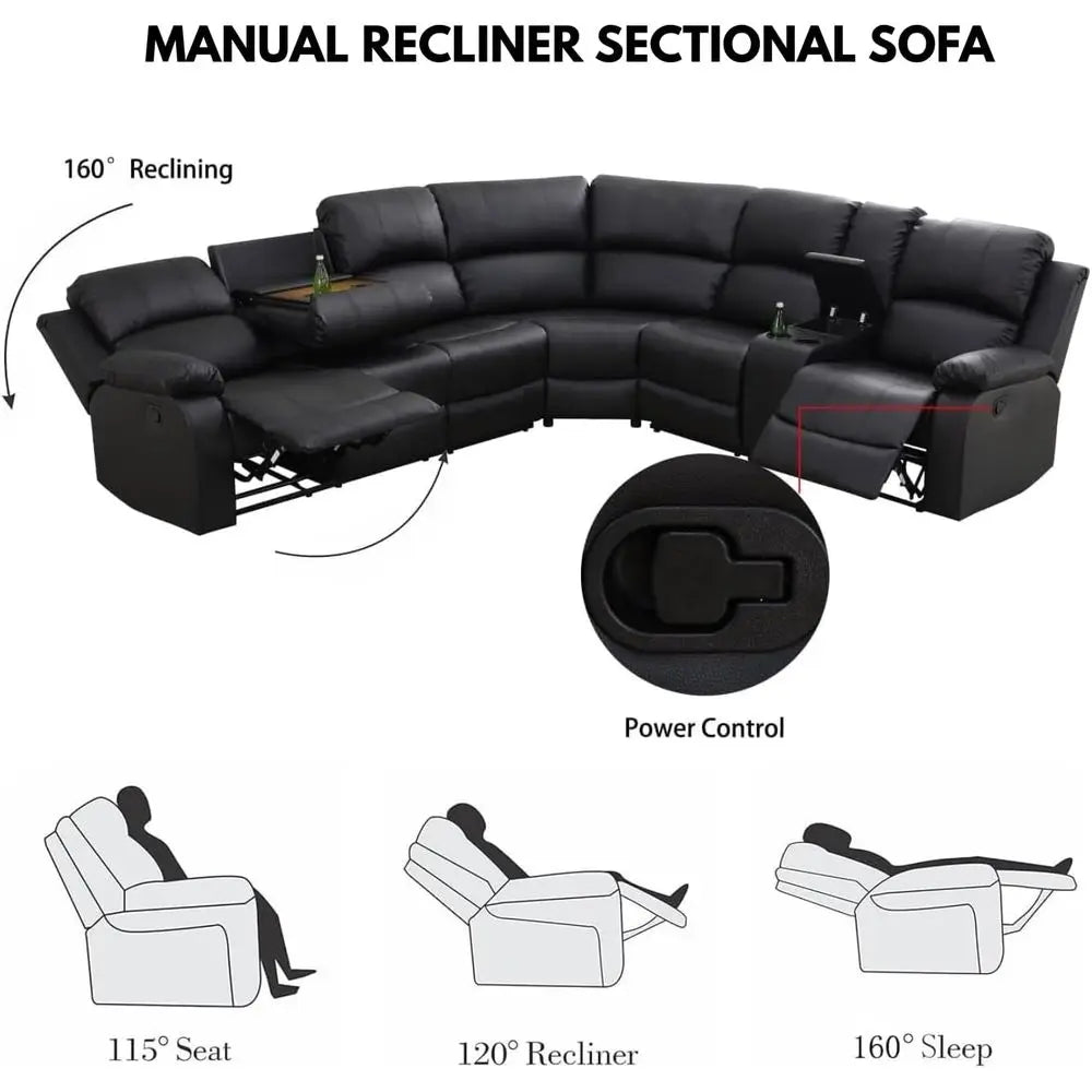Manual Recliner Sectional Soa Set, aux Leather Reclining Sectional Couch with Cup Holders & Storage ole, L Shape Manual Sectiona