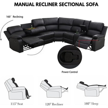 Manual Recliner Sectional Soa Set, aux Leather Reclining Sectional Couch with Cup Holders & Storage ole, L Shape Manual Sectiona