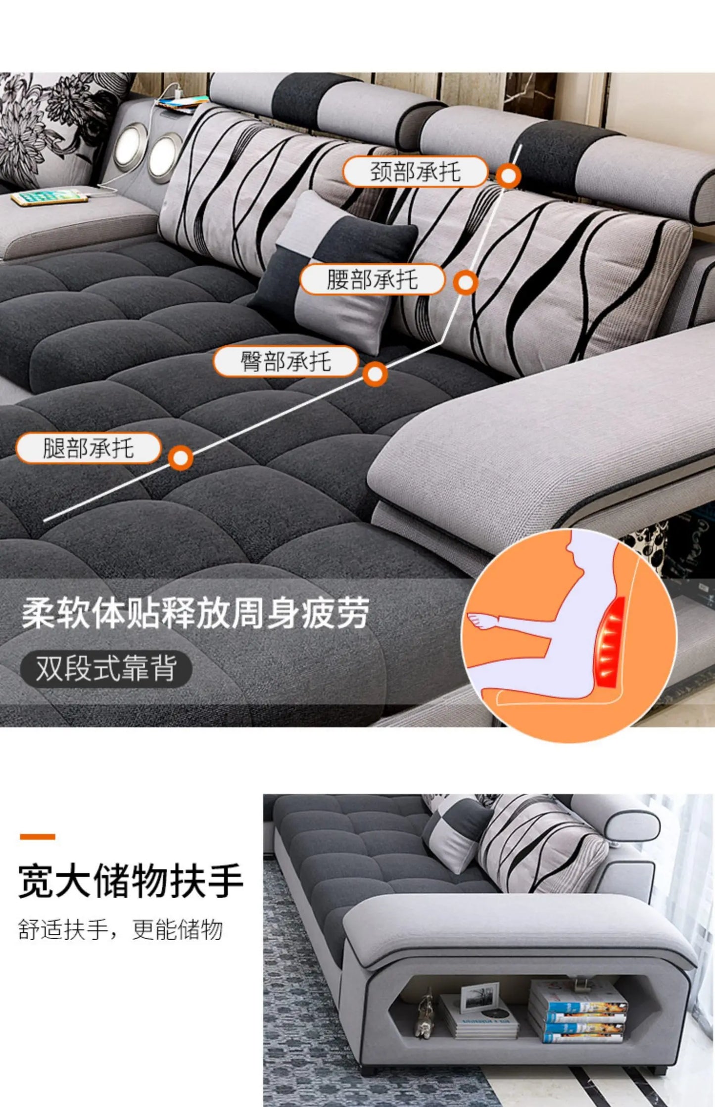 Fabric sofa, simple and modern size, living room, Nordic latex technology fabric sofa