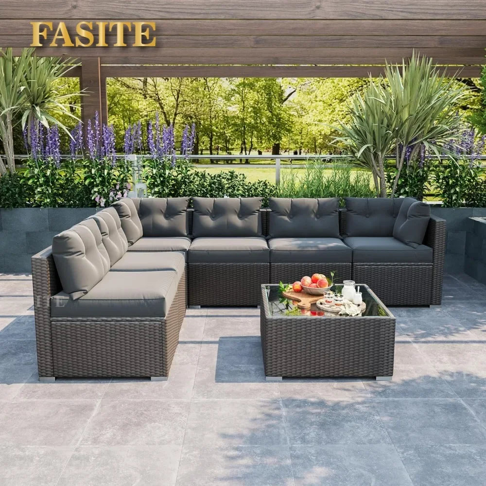 7 Pieces Patio Sofa Set Outdoor Furniture Sectional All-Weather Wicker Rattan with Back Cushions,Garden Sofa Conversation Grey