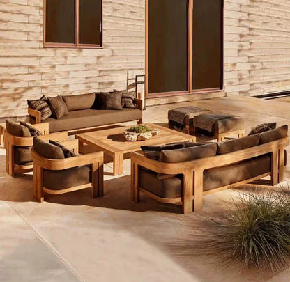 nvModern Luxury Teak Waterproof Outdoor Sofa with Cushions Customized Color for Patio Courtyard Apartment&Hotel Living Rooms&
