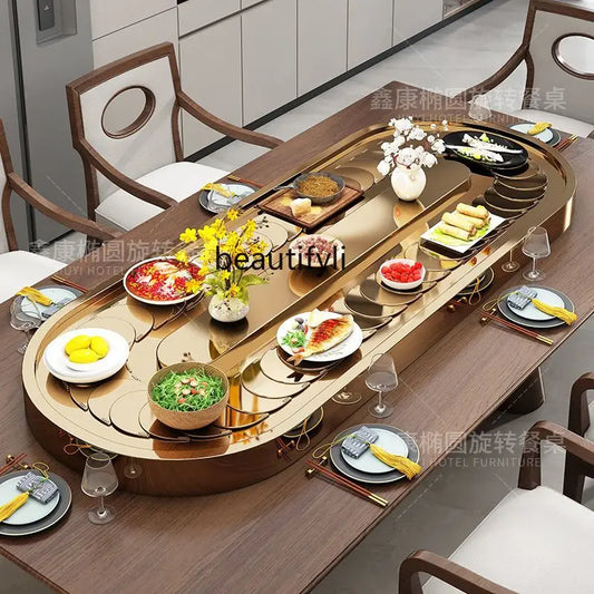 Rectangle electric vegetable turntable Oval stainless steel conveyor belt home dining table Automatic rotary display turntable