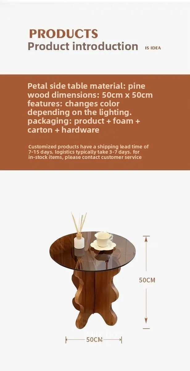 Table basse créative en bois massif avec bordure en pétales de style rétro français, plateau en verre trempé