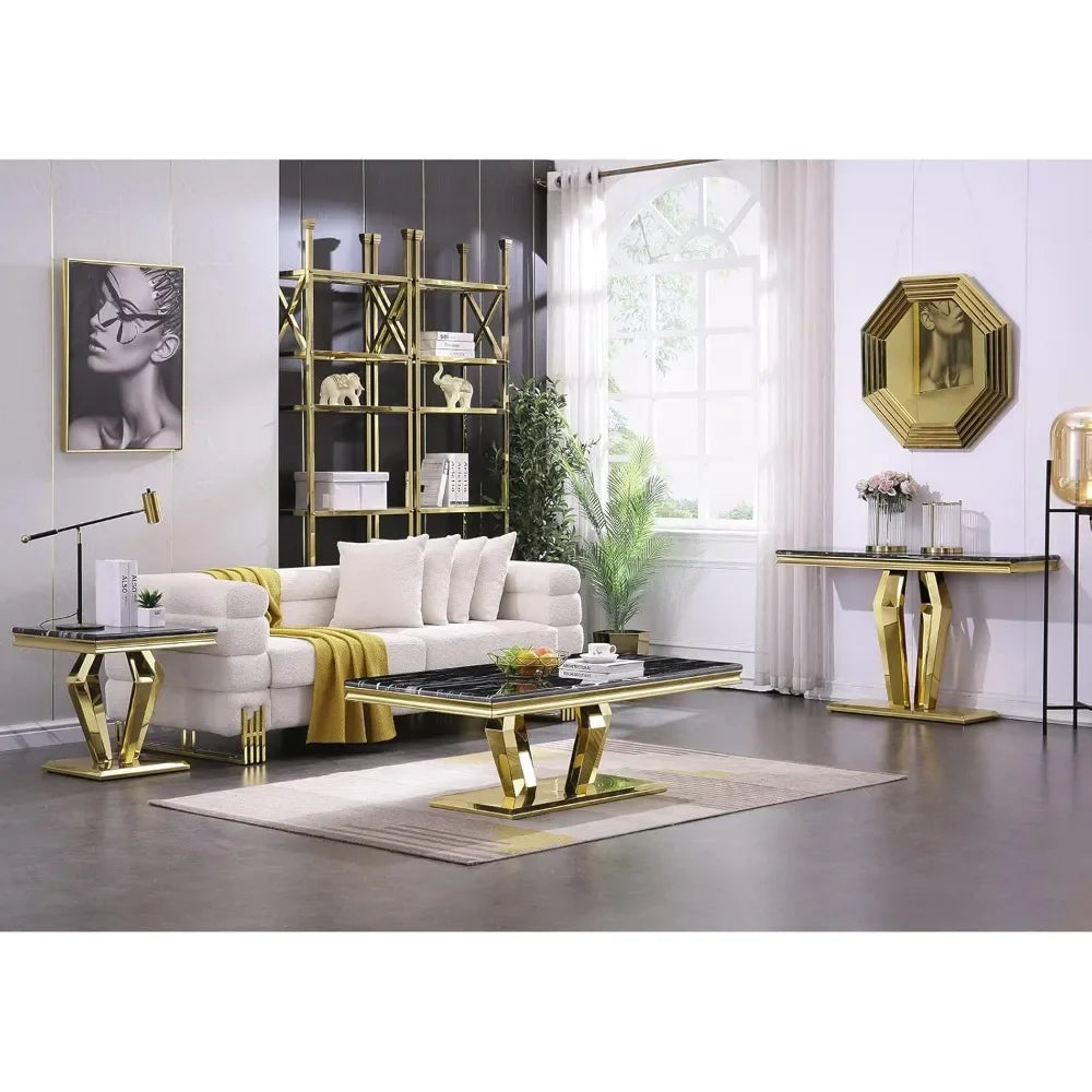 Gold Coffee Table, Modern Coffee Table with Four Geometric Mirror Bases, Rectangular Tea Table with Metal Frame, 48" Modern Cof