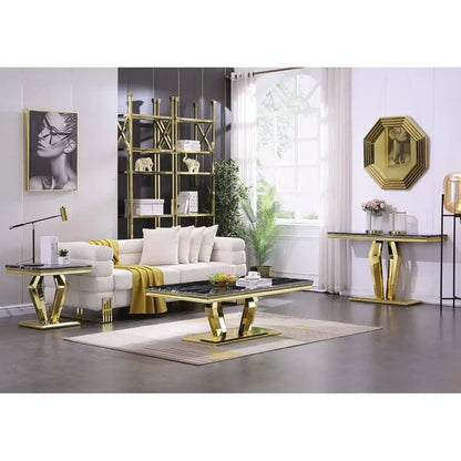 Gold Coffee Table, Modern Coffee Table with Four Geometric Mirror Bases, Rectangular Tea Table with Metal Frame, 48" Modern Cof