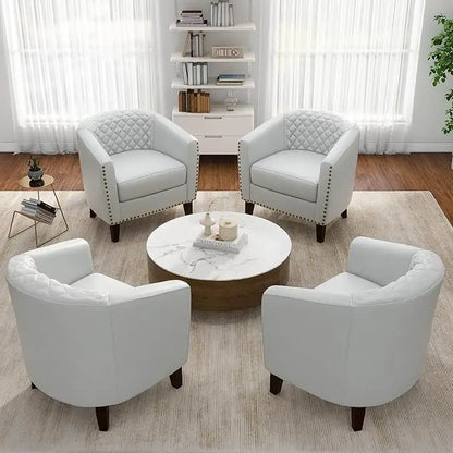 Faux Leather Barrel Accent Chairs Set of 4, Modern Club Arm Chair Comfy Upholstered Single Sofa Chair, Beige