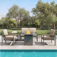 5-Piece Modern Patio Furniture Set with Fire Pit Table, Metal Outdoor Sectional with Cushions & Wood-Like Armrests, Cozy Con