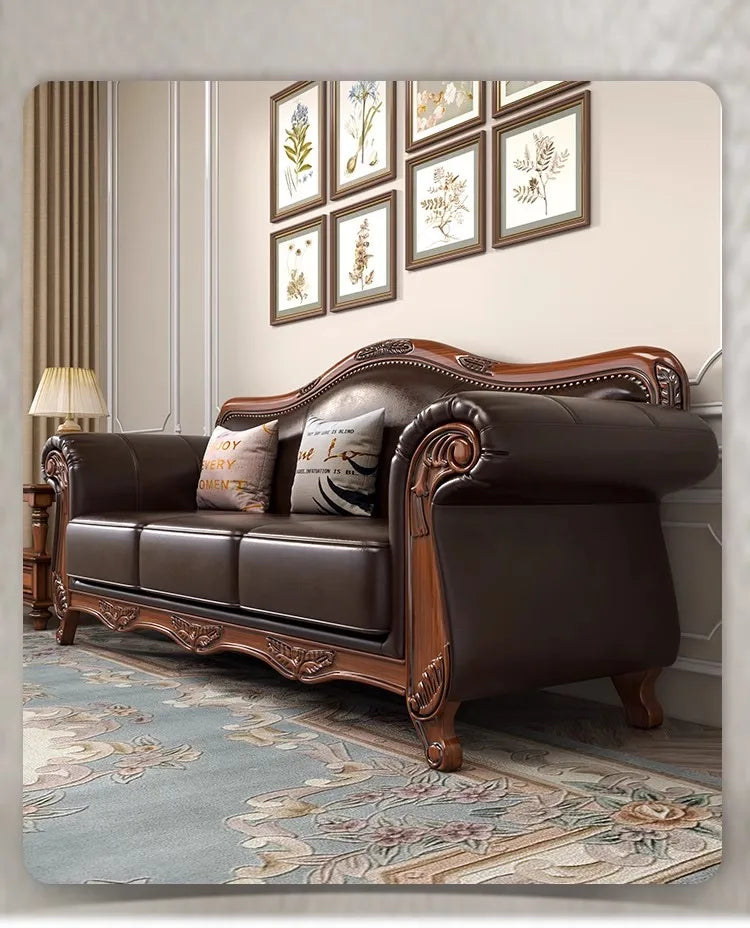 American vintage leather sofa living room solid wood country European style sofa inline furniture