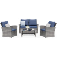 4-Piece Outdoor Wicker Patio Furniture Set, PE Rattan Sectional Sofa with Thick Cushions & Tempered Glass Table, Weather-Resist
