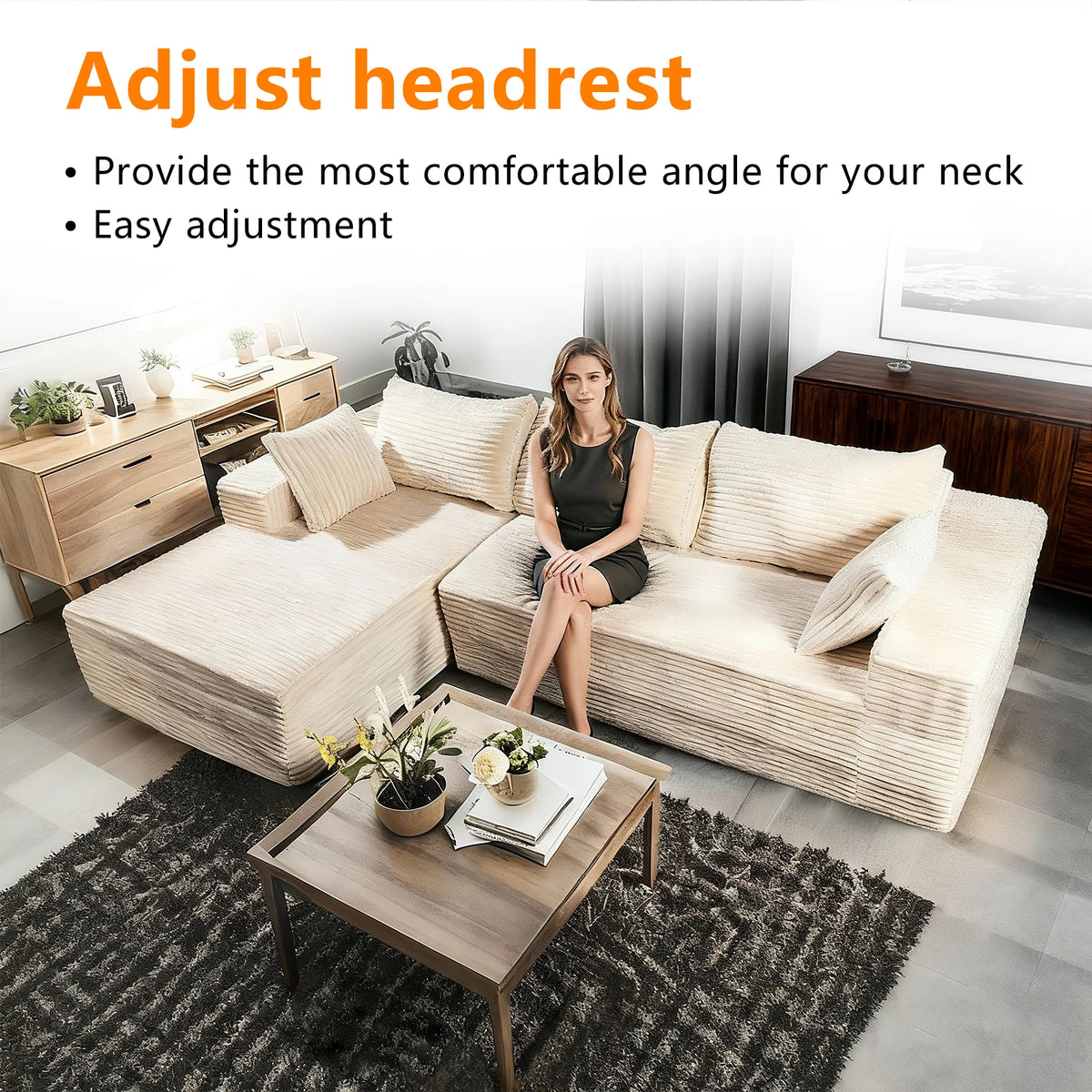 Sofa Relax in Comfort  Cloud-Like Corduroy Sectional Sofa with Chaise and Built-In Storage