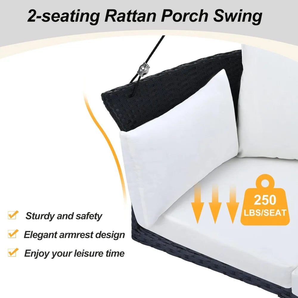LEISURE ZONE Porch Swing with Ropes, 2-Person Hanging Swing Seat, Rattan Woven Swing Chair with Wicker and Cushion, Porch Swi