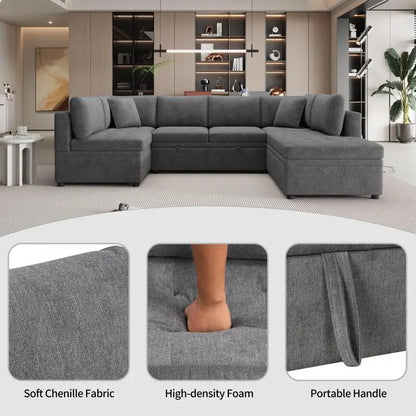 117.3" U-Shaped Oversized Sectional Sofa Couch with Pull-out Bed & 2 Pillows for Living Room, Gray Color