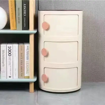 Plastic Round Nightstand Bedside Table Cabinet with Sliding Doors Round Storage Bedside Cabinet Nightstand  for Living Bedroom