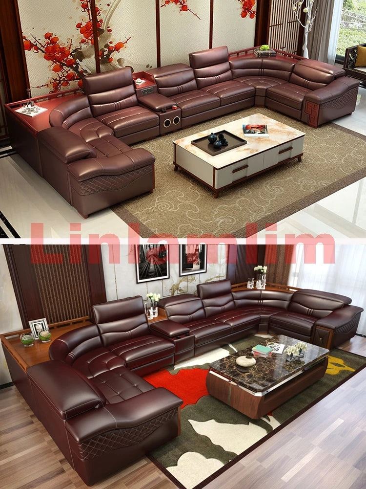 MANBAS Italian Cow Genuine Leather Couch Set Big Sofas Modernos Para Sala with Speaker, Bluetooth Audio, USB Charging,Storage