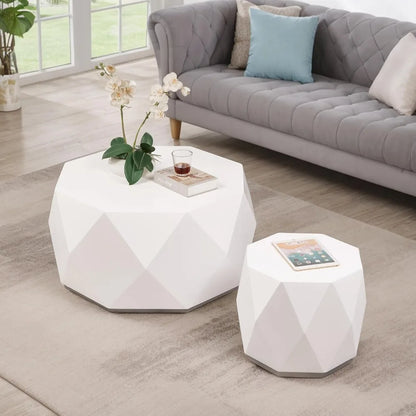 32" White Wood Diamond-Shaped Coffee Table Set for Living Room, Modern Wooden End Table with Spacious Tabletop, Octagon Coffee T