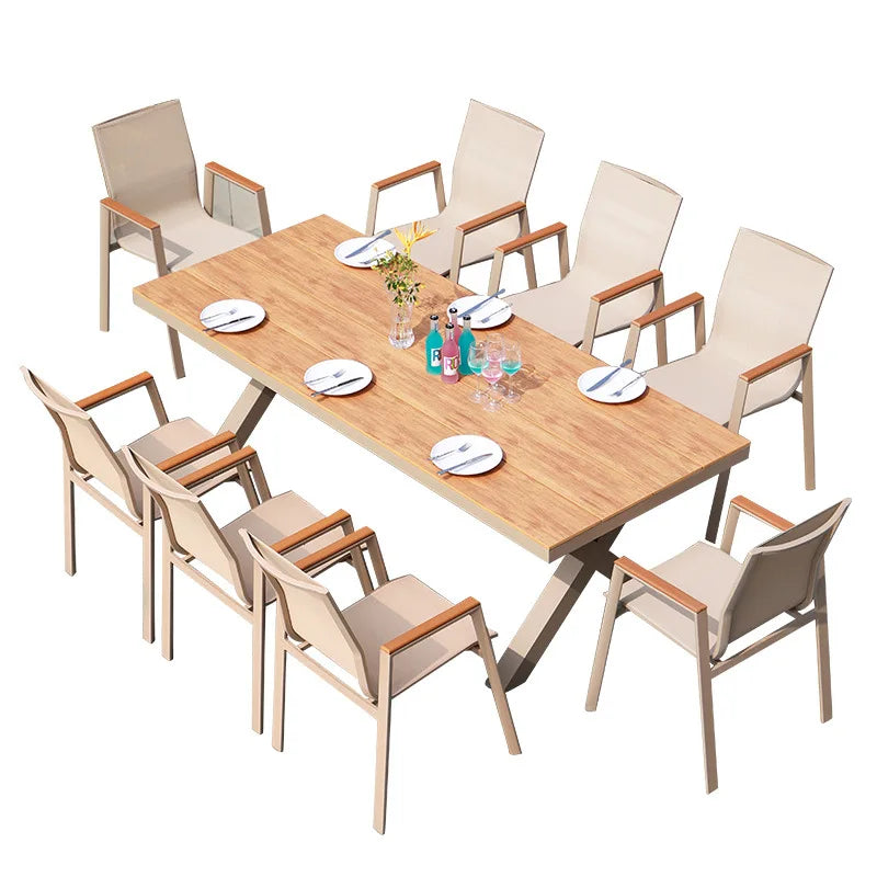 #Modern Outdoor Aluminum Chair Wood Metal Frame Villa Patio Garden Table Chair Set For Dining Courtyard Leisure