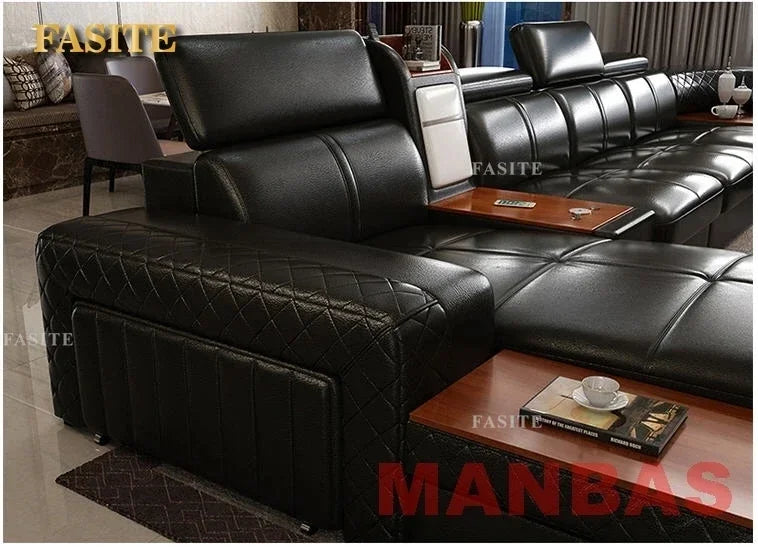 Italian Leather Couch With Heating Seat Cold Fridge Genuine Leather Sofa With Headrests USB, Stools And Storage Easy to clean