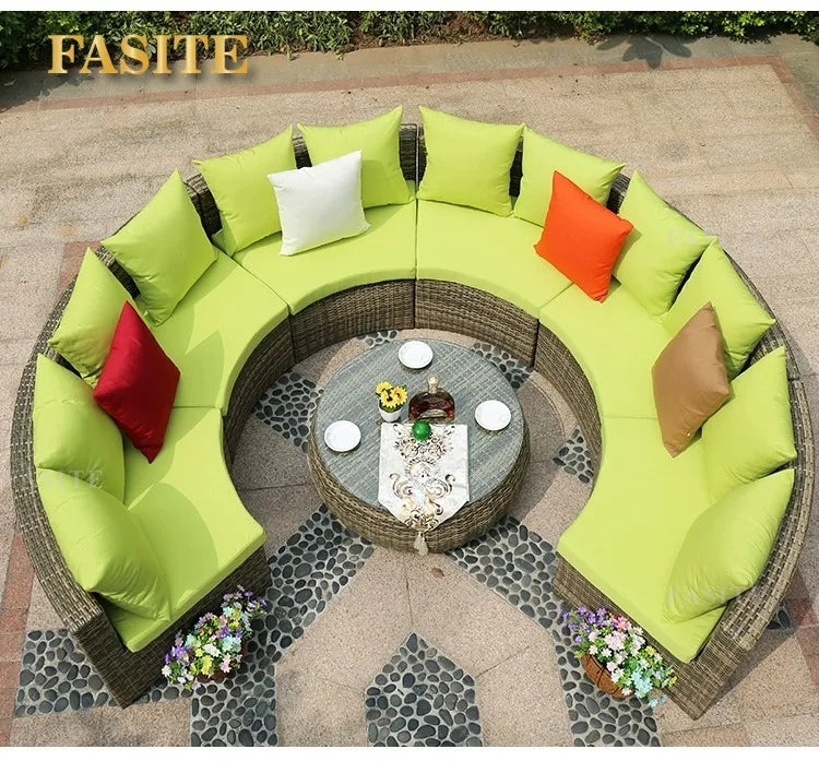 Outdoor round rattan sofa combination garden courtyard semi-circular rattan chair outdoor hotel curved living room