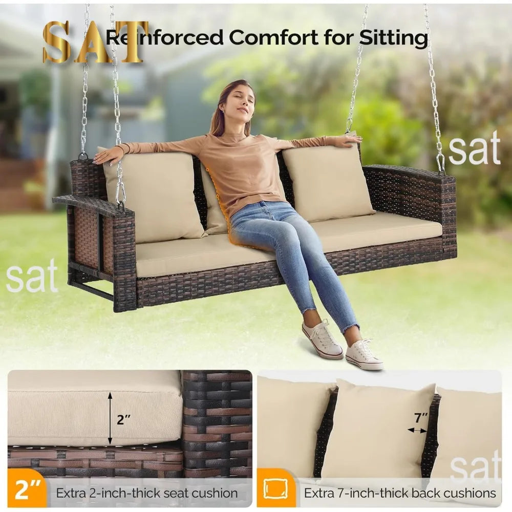 #For Heavy Duty 800 LBS Wicker Hanging Porch Swing with Cushions & Chains,  Outdoor Rattan Swing Bench for Garden, Yard&