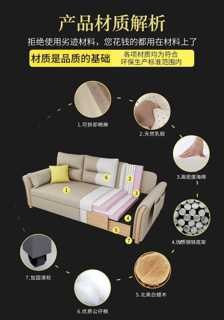 Multifunctional foldable sofa bed dual-purpose retractable small apartment storage single push-pull bed technology fabric