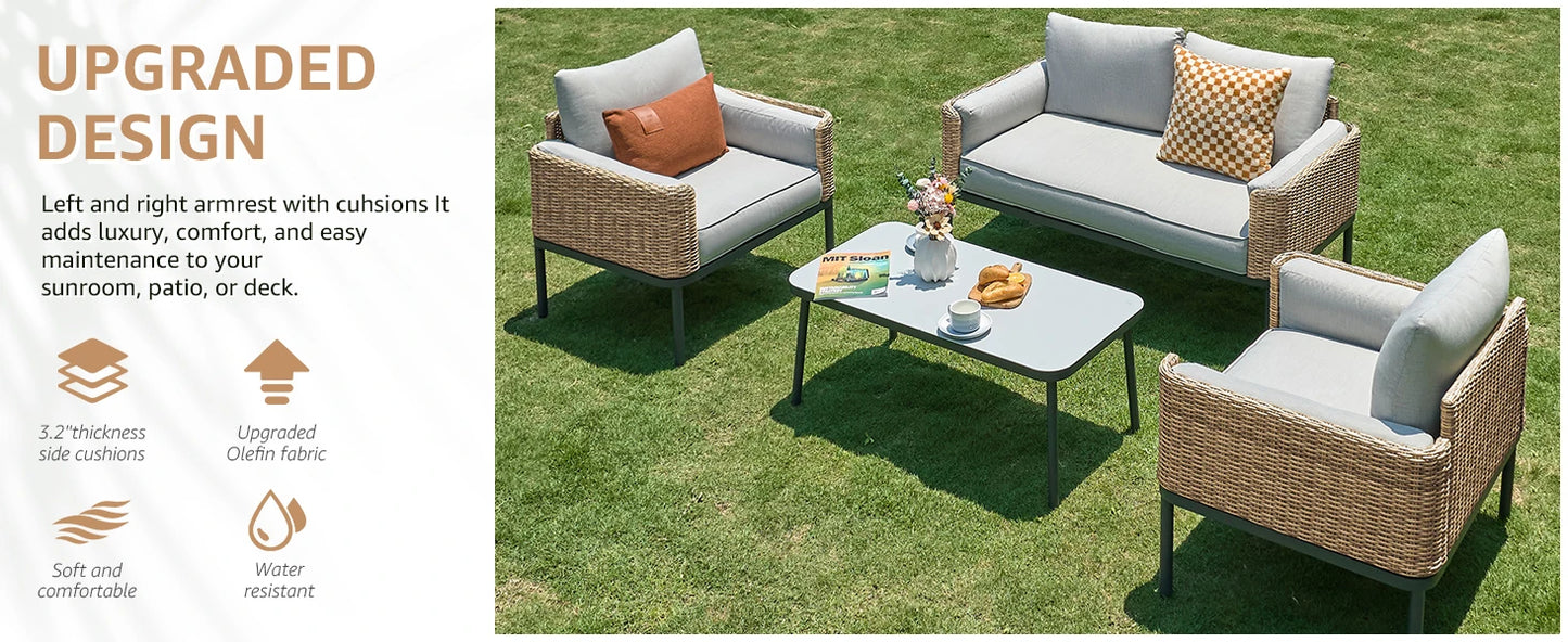 4-Piece Wicker Patio Furniture Set, All-Weather Rounded Rattan Conversation Set Sectional Sofa with 5'' Thick Cushions