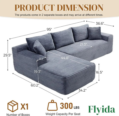95" Modular Sectional Sofa L Shaped Couch for Living Room, Fluffy Corduroy Deep Seat with Chaise, Grey No Assembly