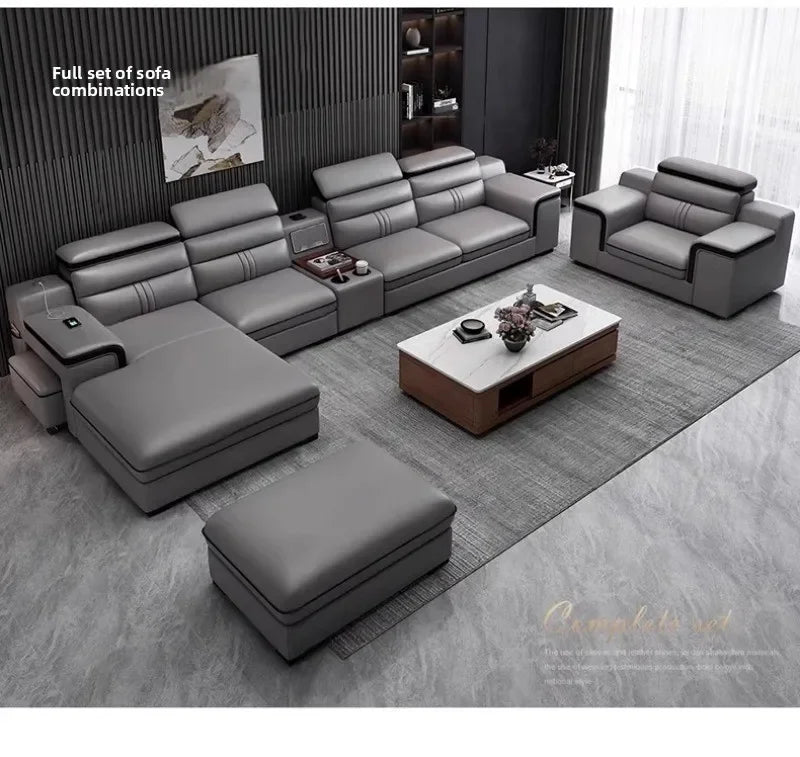 Modern Large Apartment Chaise Leather Sofa Combination Set Light Luxury Living Room Sofas Creative Office Comfortable Large Sofa