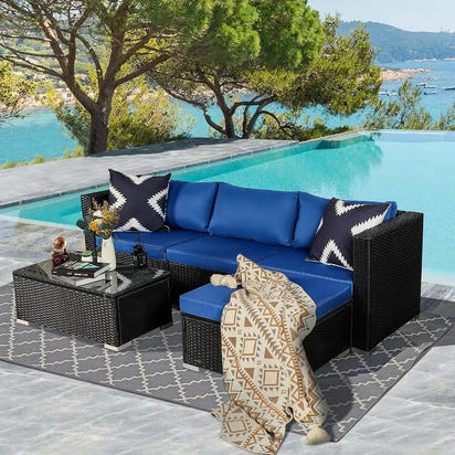 5-Piece Modern Blue PE Rattan Patio Furniture Set, Outdoor Living Room Sets, Patio Furniture