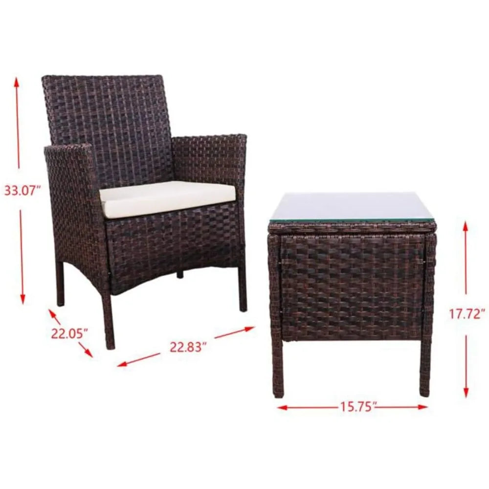 3 Piece Outdoor Rattan Patio Porch Furniture Sets,Wicker Chairs with Table,Garden Lawn Pool,Brown