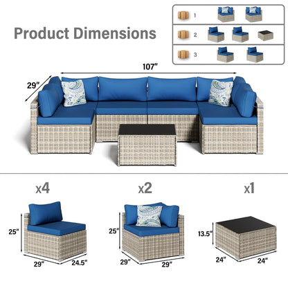 7-Piece Gray Rattan Patio Furniture Sets, Outdoor Conversation Sofa Sets with Water Resistant Blue Cushions &, Customized